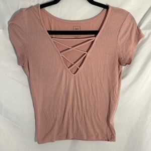 Me to we top shirt pink ribbed crisscross V-neck short sleeve size Ex Small